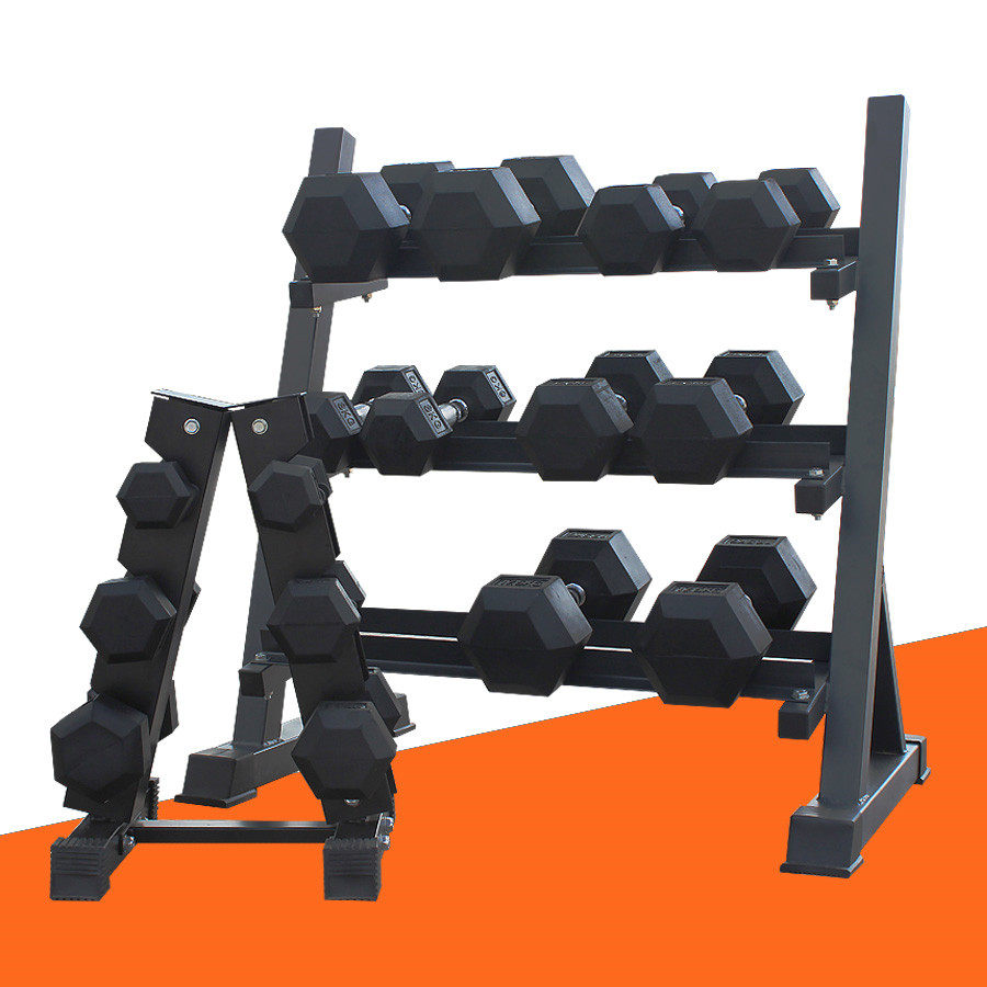 Hexagonal rubber dumbbell Men's fixed dumbbell Gym commercial three-layer dumbbell rack set 6 pairs of dumbbell rack