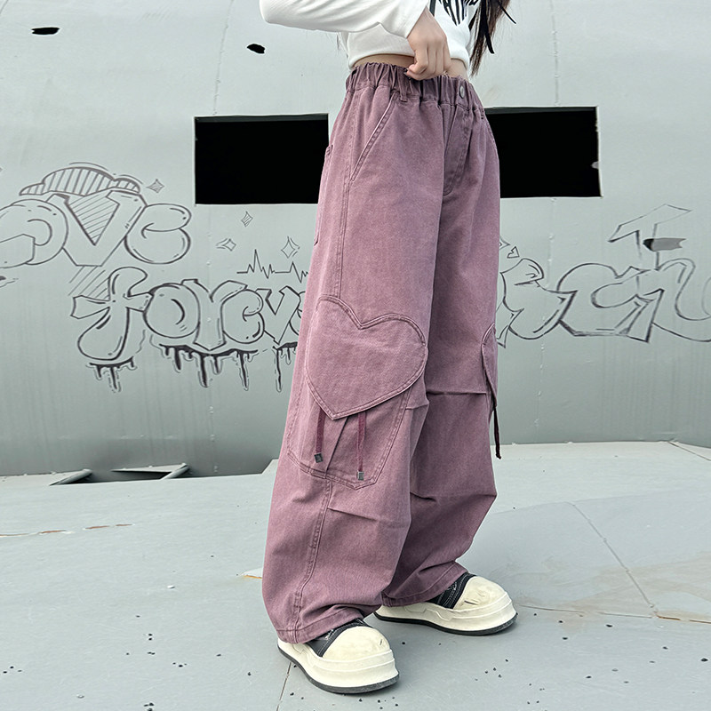 Фиолетовые комбинезоны для девочек, весна и осень 2025, новые детские осенние прямые джинсы, свободные брюки для больших девочек, тренд
