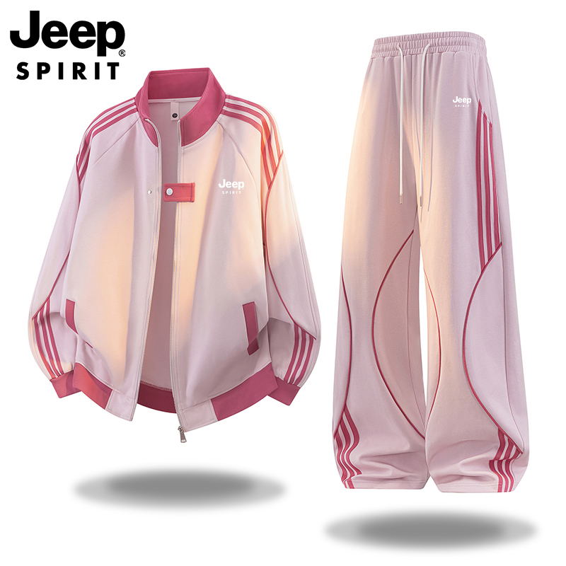Jeep Spring and Autumn Women's Casual Sports Suit with Stand Collar Cardigan Sweatshirt and Sweatpants, Heavy Stripe Gradient Splicing with Drawstring Jeep Spring and Autumn Women's Casual Sports Suit with Stand Collar Cardigan Sweatshirt and Sweatpants, Heavy Stripe Gradient Splicing with Drawstring
