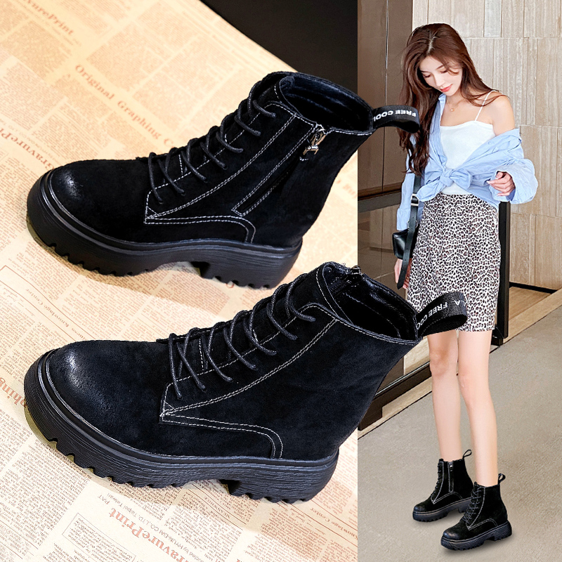 Inside heightening short boots female winter shoes 2021 autumn winter new 100 lap Inn genuine leather cotton shoes thick bottom plus suede Martin boots