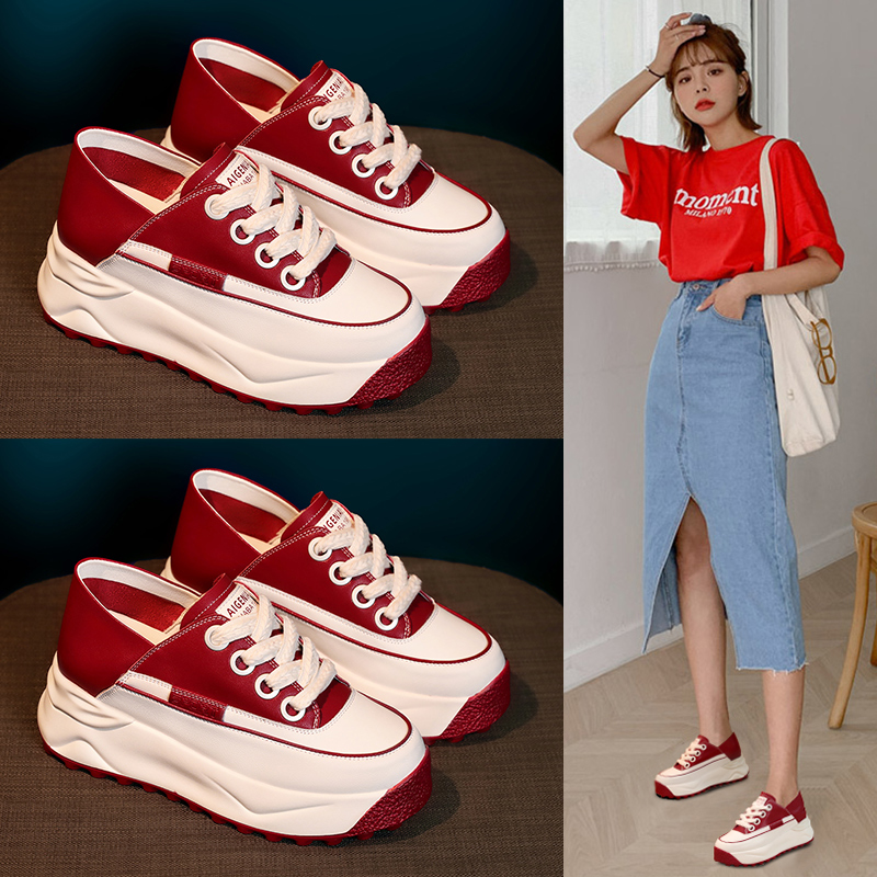 Small white shoes in 2022 new summer leather sports sneakers thick soles increase two women's shoes
