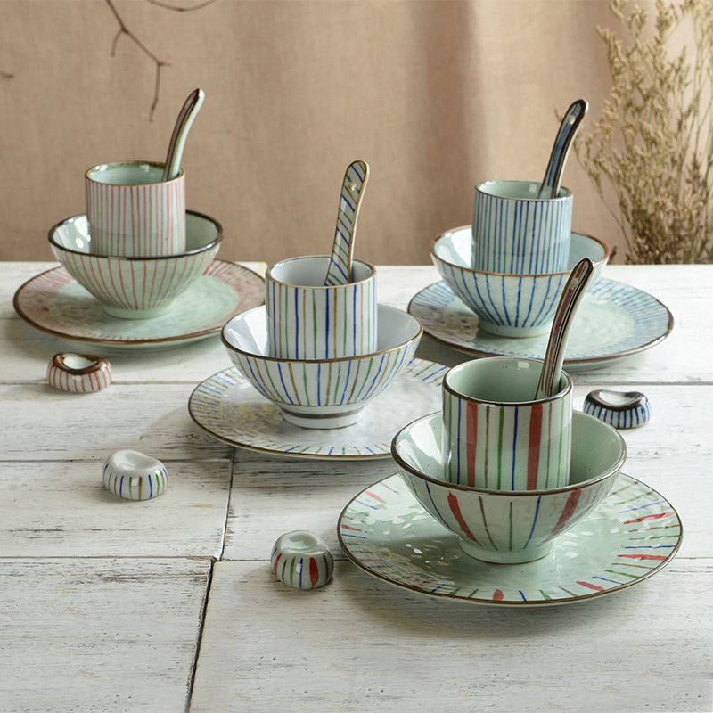 Three creative ceramic Japanese suit a person eat coarse ceramic tableware table spoon, chopsticks rack 5 cups suit dishes
