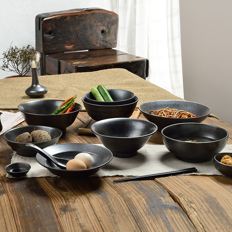 Three large soup bowl of pottery and porcelain household soup bowl bowl large bucket bowl of microwave inferior smooth tableware characteristics of black art
