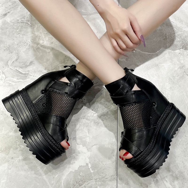 13cm Wedge Super High Heels for Petite Women, Waterproof Platform Thick-Soled Sandals, Black Mesh Peep-Toe Women's Shoes