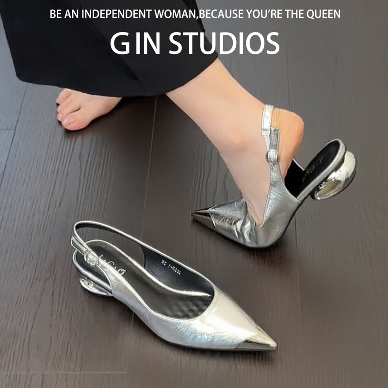 Super Soft Sheepskin~ Silver Toe-Cap Sandals for Women 2025 New Summer Metal Toe Back Strap Irregular Heel Single Shoes for Women