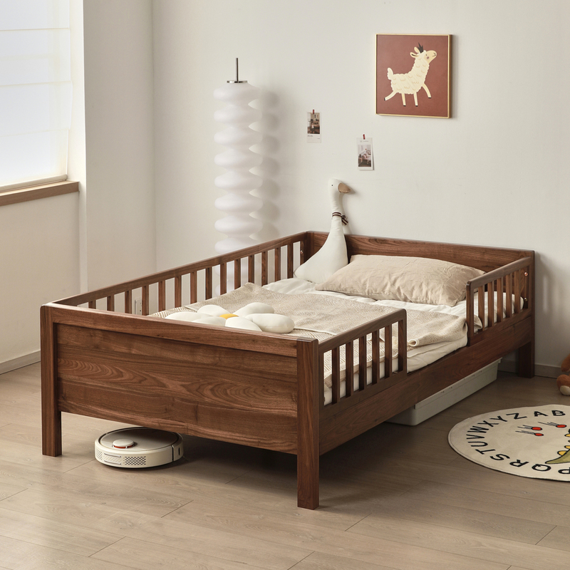 North American Black Walnut Children's Bed, Modern and Simple, Widened and Splicable, with Guardrails, Baby Bed, Solid Wood Single Bed