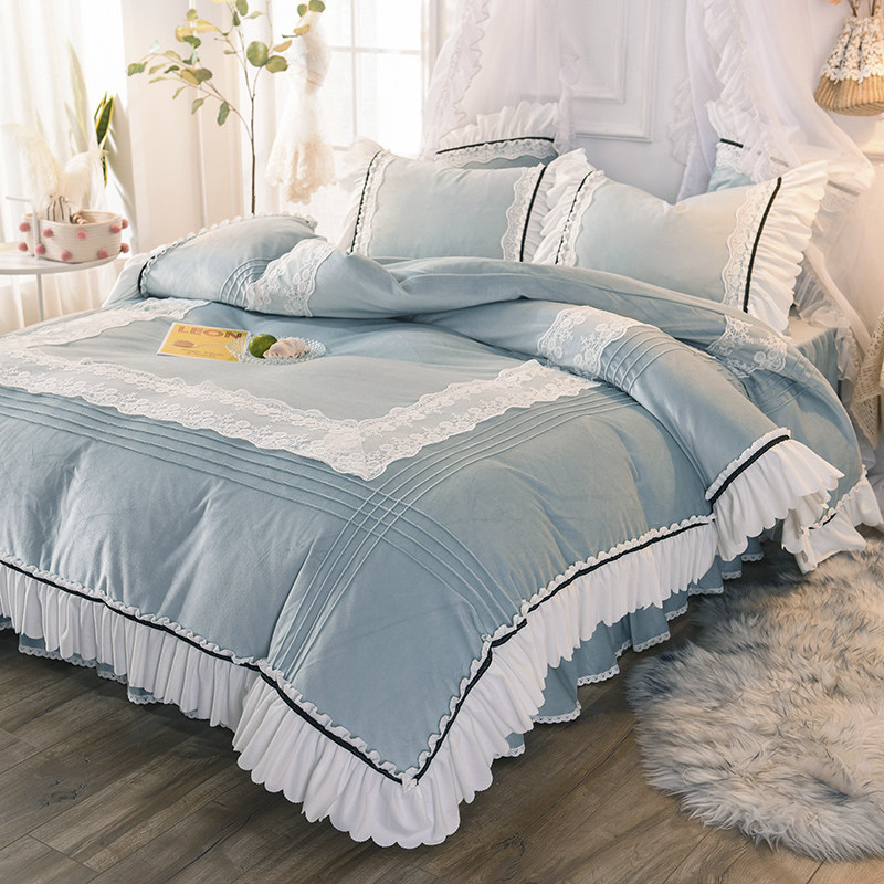 Coral velvet bed four-piece double-sided velvet lace thick crystal velvet princess style winter plush sheet quilt cover