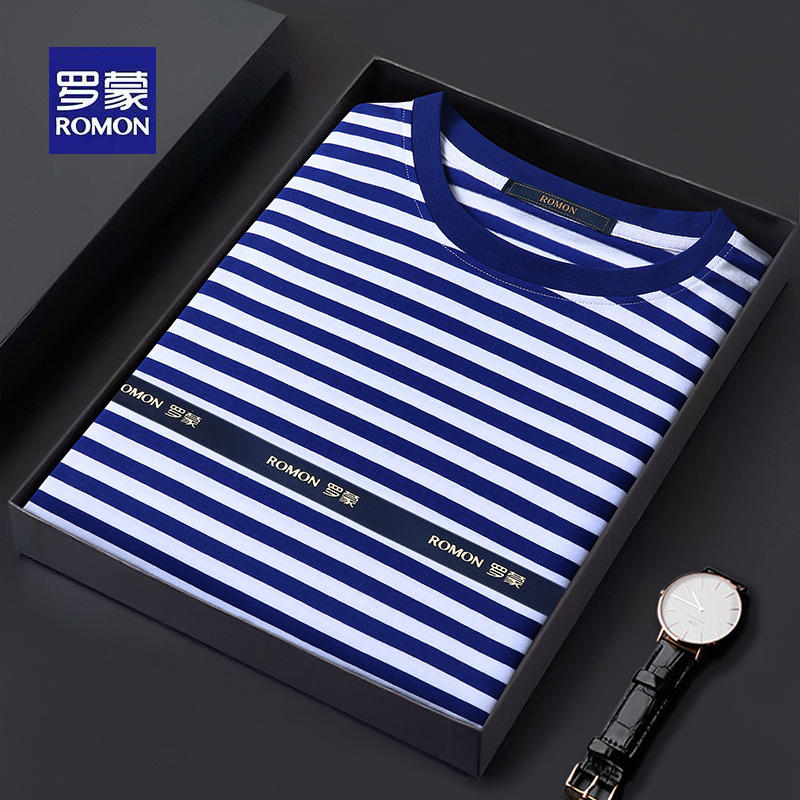 Romon Sailor Shirt Men's Long-Sleeve Vintage Blue and White Striped T-Shirt Base Shirt Ribbed Cuffs Pure Cotton Sailor Uniform Trendy Romon Sailor Shirt Men's Long-Sleeve Vintage Blue and White Striped T-Shirt Base Shirt Ribbed Cuffs Pure Cotton Sailor Uniform Trendy