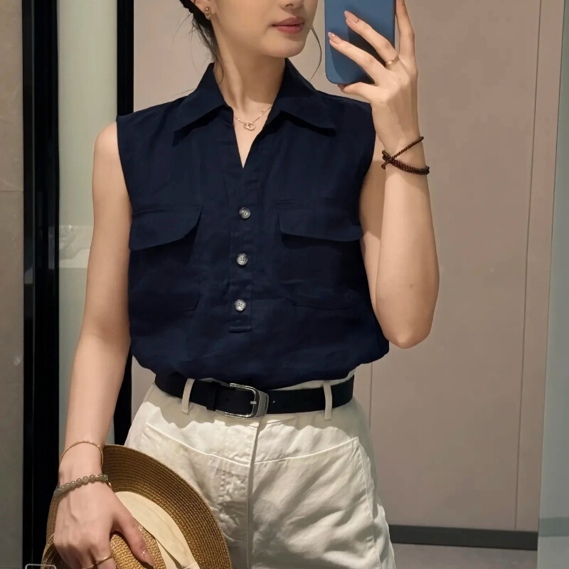 Ainos Genuine Product 2025 Summer Versatile Straight-Leg Commuter Simple Linen Sleeveless Shirt Top 50435032