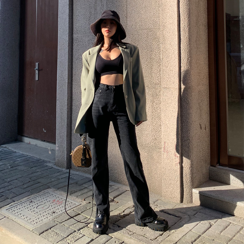 ABMY high waist jeans open fork straight barrel drag underpants female chest below full leg pendant sensation slim spring and summer long pants 