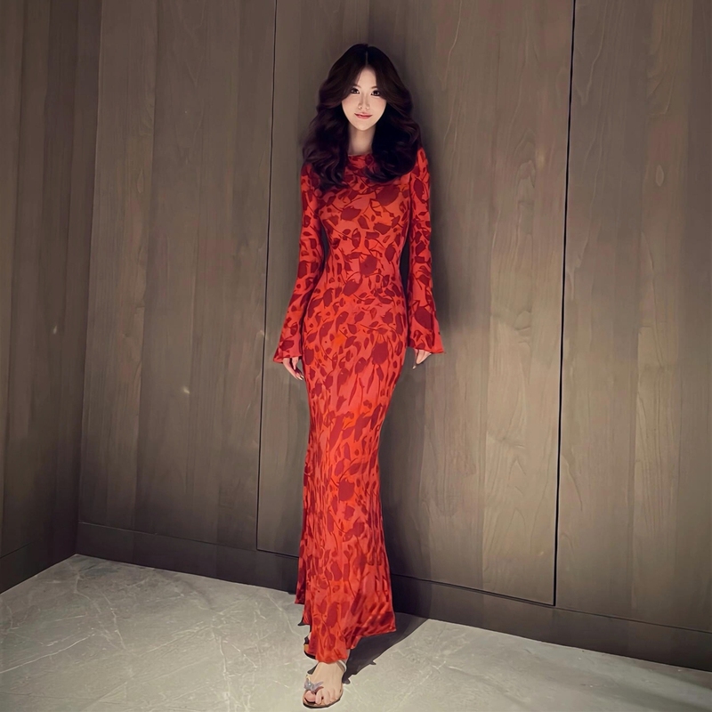 Miss Jin [Bias Cut] Slim Fit Mermaid Dress for Beach Vacation Early Spring Beautiful Long Sleeve Floral Red Dress