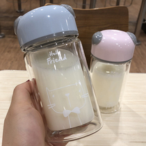  Cartoon cute double-layer glass Korean version of simple literature and art men and women students portable fresh cup Couple handy cup