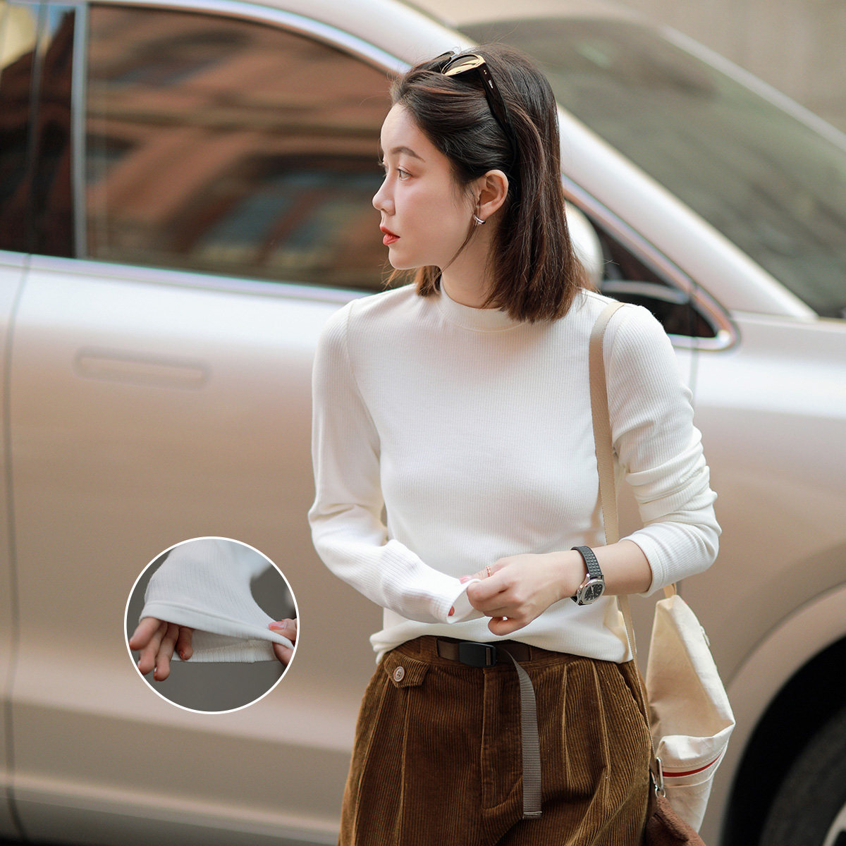 Libelyn sisy stack through bottom long sleeves T-shirt female elastic body slim fit 280g weight and half high collar pure blouses-Taobao