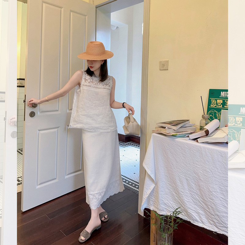 Libelin Sweisy French Cut Out Linen Suit 2024 Summer New Exquisite Small Shirt Lace Fairy White Skirt