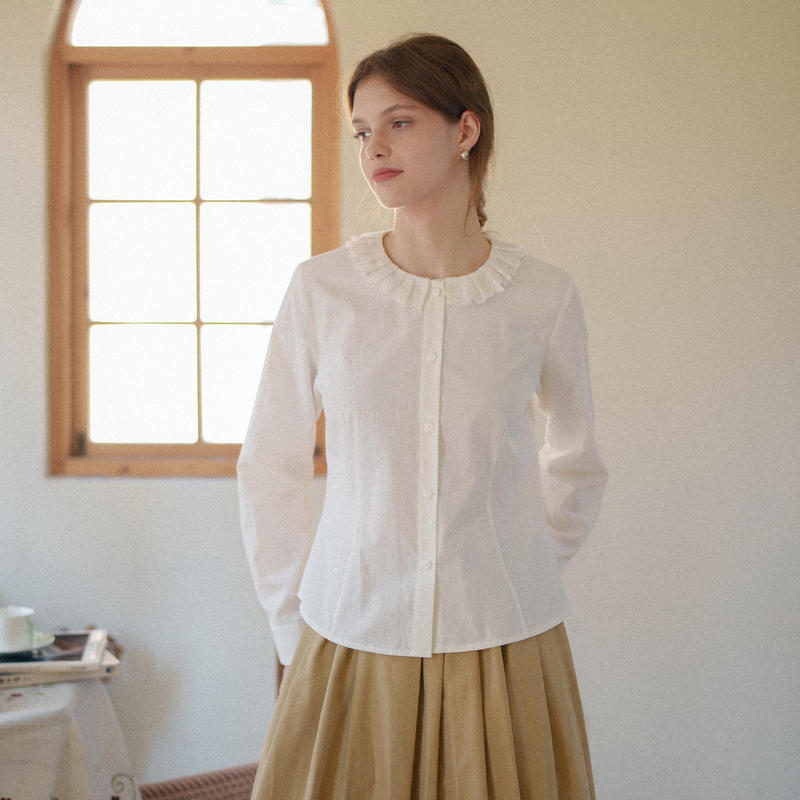 Marchnoon French-Style White Shirt, Hemp Cotton, Vintage Ruffle Collar, Layered Shirt, Waist-Cinching Basic Top Marchnoon French-Style White Shirt, Hemp Cotton, Vintage Ruffle Collar, Layered Shirt, Waist-Cinching Basic Top