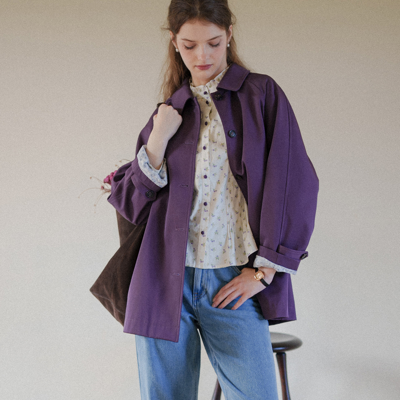 Marchnoon French Retro Purple Trench Coat Cotton Brocade Silhouette Jacket Classic Khaki Long Trench Coat