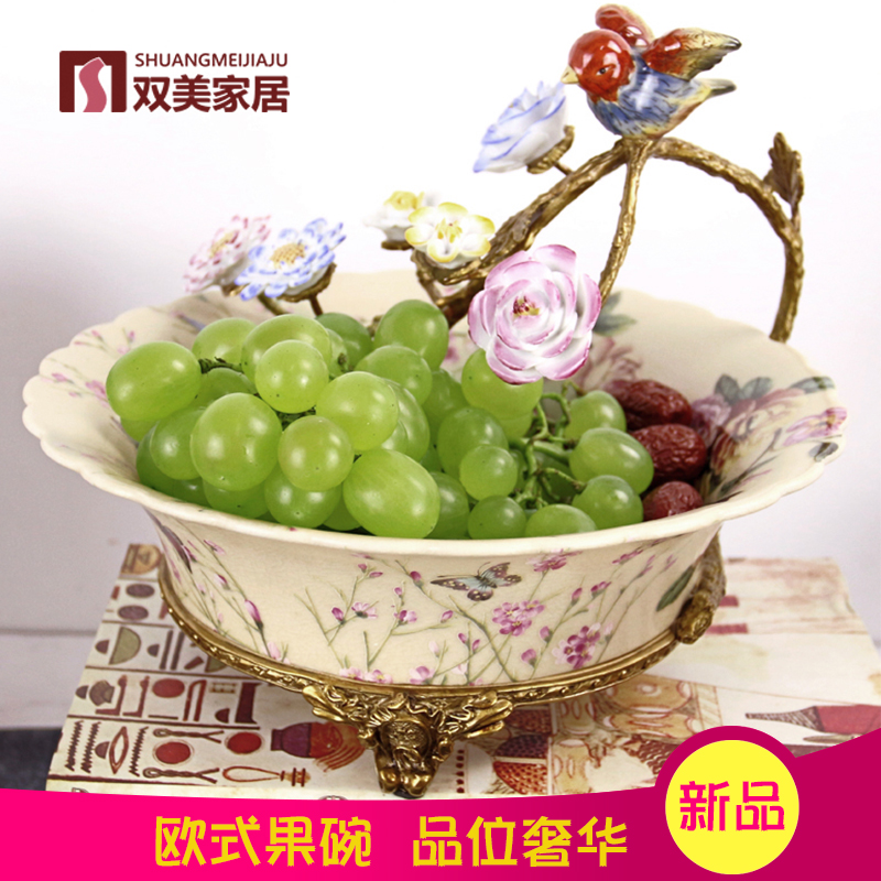 European coffee table Fruit plate set High-grade three-piece set Luxury household candy storage American pure copper package Porcelain ornaments
