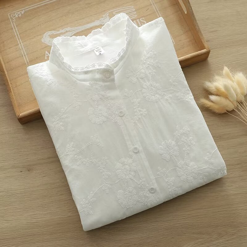 Heavy Embroidery Ruffled Pure Cotton Shirt for Women, 2026 Spring and Autumn New Lace Trim Collar Long-Sleeve White Blouse