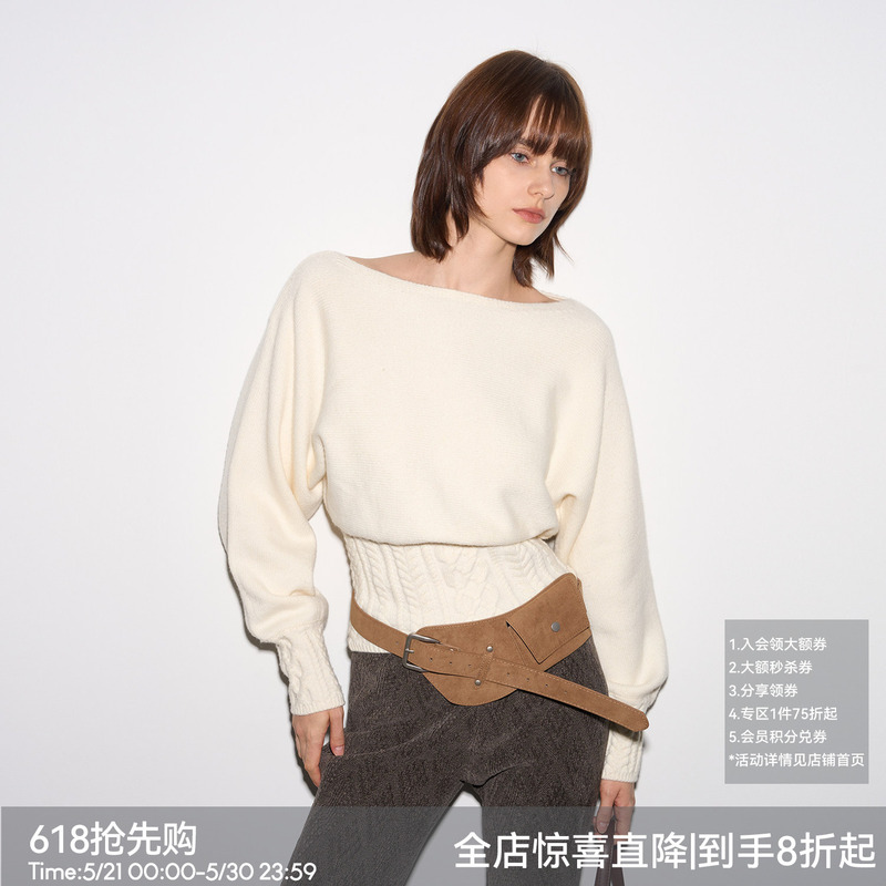 【Vintage Slimming】Billconch Cashmere Blend Off-Shoulder Sweater Waist-Cinching Knit Top 【Vintage Slimming】Billconch Cashmere Blend Off-Shoulder Sweater Waist-Cinching Knit Top