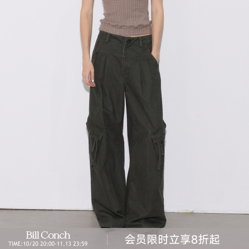 【Loose Fit Washed】Billconch 100% Pure Cotton Vintage Distressed Long Pants Washed Loose Pleated Cargo Pants