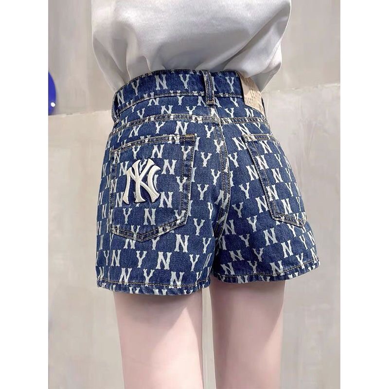 Summer New High-Waisted Denim Shorts for Women, A-Line Style, Vintage Floral Pattern, Ny Full Logo, Versatile, Slimming, Fashionable Hot Pants Trend