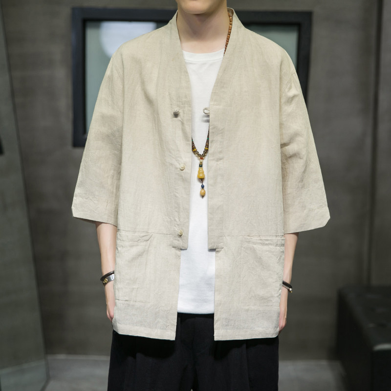 Autumn improved Chinoiserie shirt Hanfu young men cotton linen cardigan top loose thin cropped sleeve coat