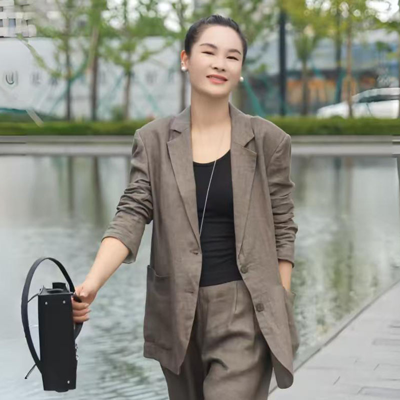High-End Cotton and Linen Blazer for Women, Versatile Spring and Summer Thin Style, Fashionable Minimalist Loose Linen Suit Jacket for Women