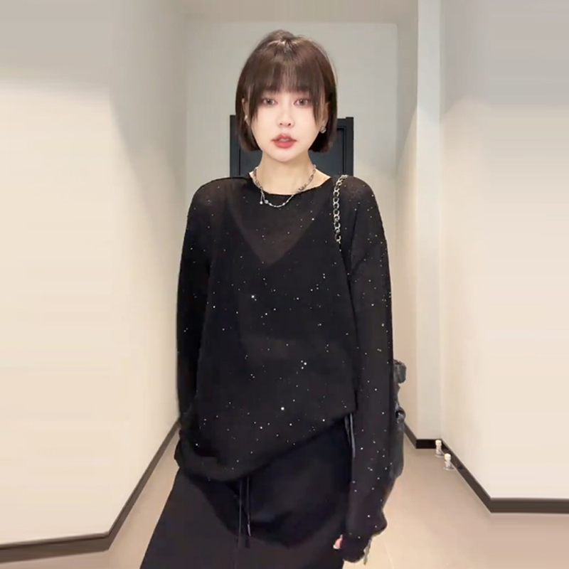 Jiujiu Li Design-Inspired Black Sequin Round-Neck Elegant Knit Top for Women, 2026 Spring/Summer, Casual, Slimming, Versatile Top