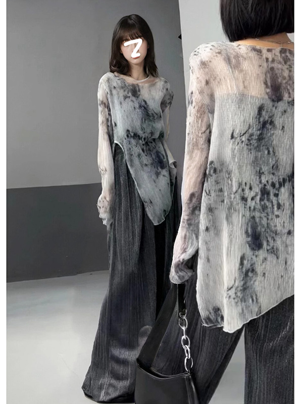 Purple Vintage Irregular Tie-Dye Mesh Slit T-Shirt for Women, Summer Slimming Stylish Layered Base Shirt Top