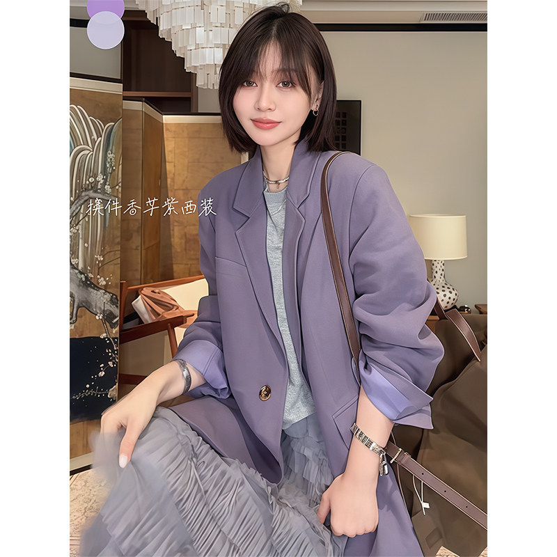 Fashionable and Versatile Purple Linen Blazer for Women, Spring Season, High-End, Elegant, Simple, Commuter-Style Small Suit Jacket