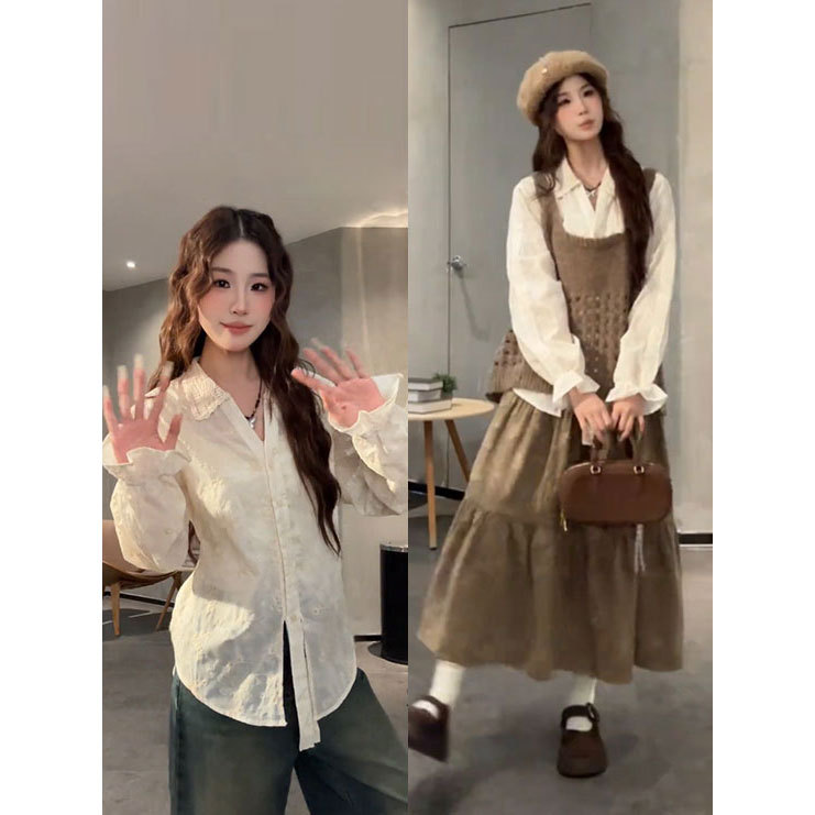 Spring Outfit with a Complete Set of Niche, Age-Reducing, Preppy-Style Women's Clothing: Irregular Tie-Up Shirt, Knitted Vest, and Tiered Skirt