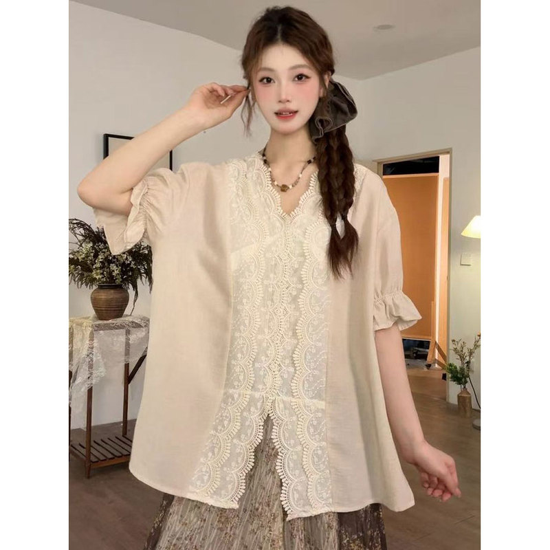 【Mulan Ci】Lace Patchwork V-Neck Ruffled Shirt for Women, Summer Loose Fit, Slimming, Versatile, Side Slit Top