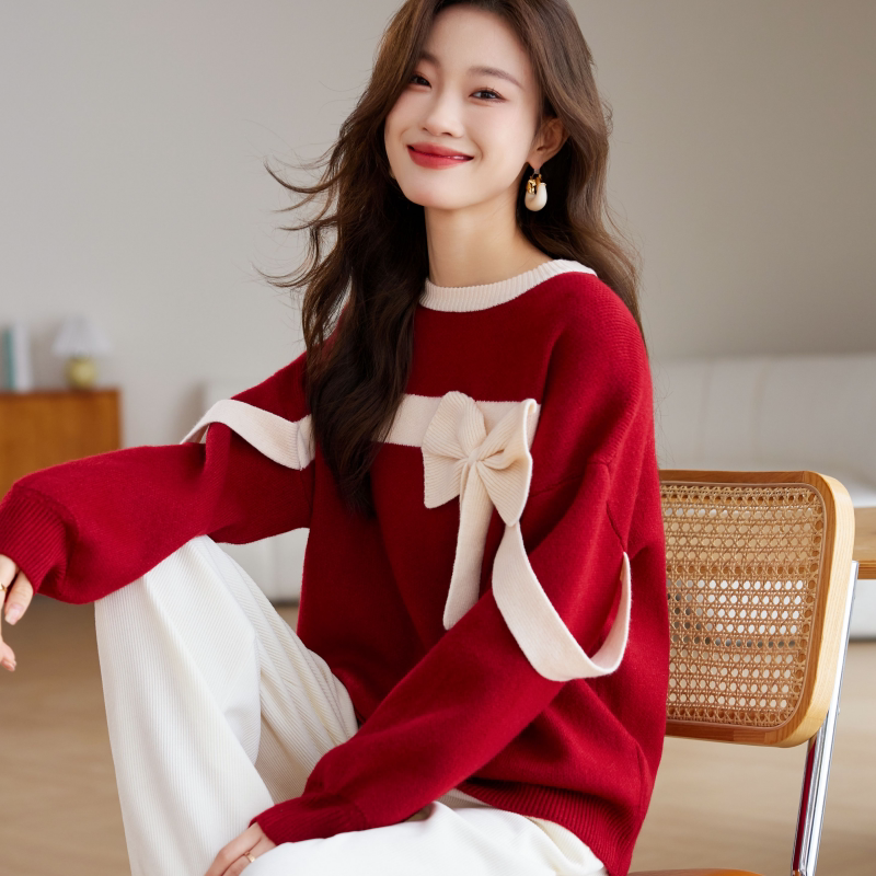 Unique New Year Zodiac Year Sweater for Women, Autumn and Winter, Stylish with Bow, Plus Size, Thick Red Woolen Top Unique New Year Zodiac Year Sweater for Women, Autumn and Winter, Stylish with Bow, Plus Size, Thick Red Woolen Top