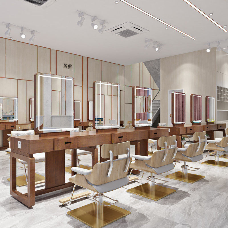 Solid wood hairdressing mirror table barber shop mirror table hair salon special mirror retro hair cutting mirror tide with lights can be customized size