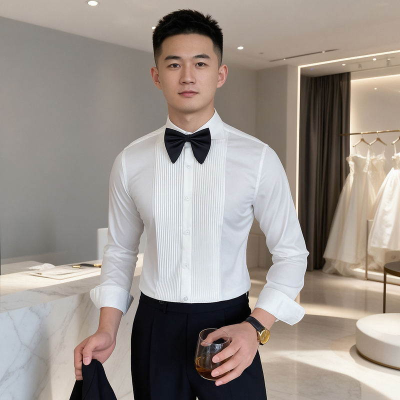Solid Color Dress Shirt for Men, Long-Sleeve Performance Shirt for Evening Parties, Choir Costumes, Wedding Host Shirts, Pleated Style Solid Color Dress Shirt for Men, Long-Sleeve Performance Shirt for Evening Parties, Choir Costumes, Wedding Host Shirts, Pleated Style