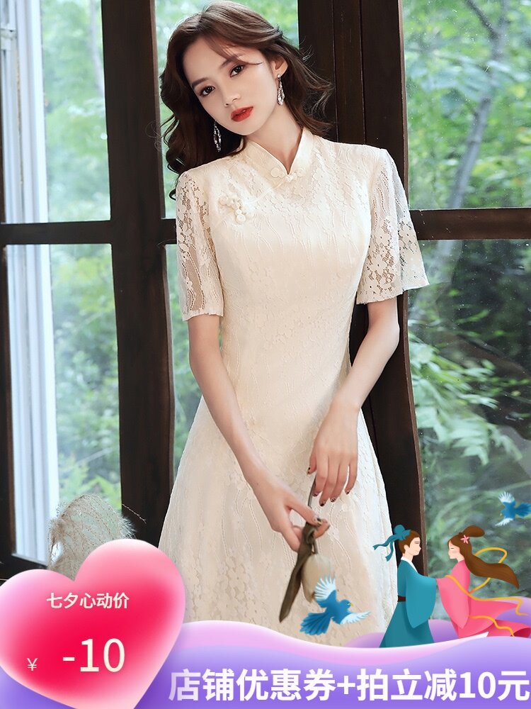 Lightweight cheongsam, short mini-skirt, dress, skirt, 2021 years, light style, Chinese style, champagne color, suitable for teen