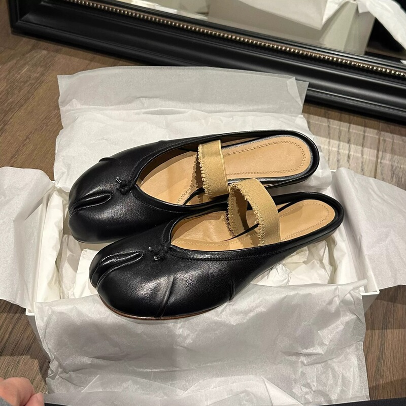 Cowhide Split-Toe Shoes for Women, Summer Flat Shallow Slip-On Ballet Shoes, Same Style as Aixi Ge, Slip-On Pig's Trotters Shoes