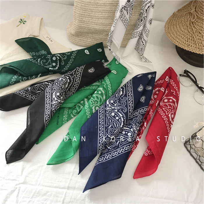 High-Quality Korean Popular Blogger's Same Style Retro Small Square Scarf Paisley Green Red Cotton Couple Headscarf