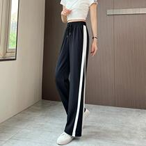 Fashion Splicing Ice Silk Broadlegged Pants Women Summer 2022 New Big Code Display Slim Pituitary Silk Slip Casual Straight Drum Mopping Pants