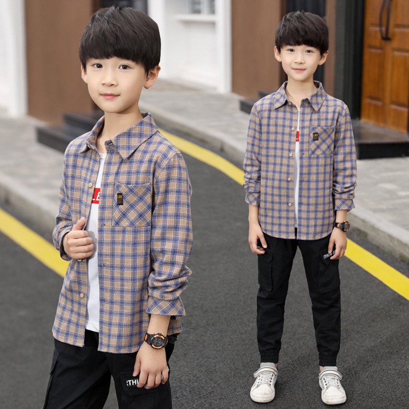 Boys ' shirt long-sleeved spring and autumn 2021 new foreign school 12-15 years old children blue cotton plaid shirt men's treasure