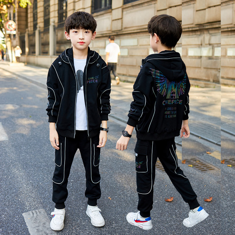 Boys suits Western style net red spring clothes 2020 new middle and large children's hooded knitted sports two-piece suits for boys and girls