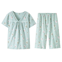 Dalli pajamas for women summer thin short-sleeved pure cotton can be worn outside casual V-neck floral cropped pants home wear set