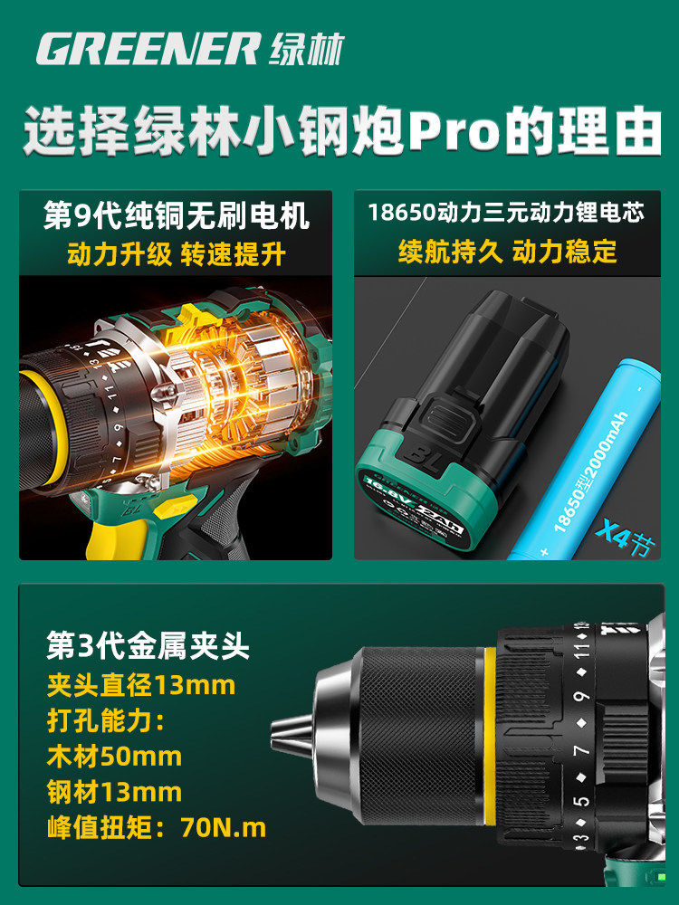 Green Forest Big Gun Electric Drill Brushless Impact Hand Drill for Wall Drilling Household Small Lithium Electric Tool Little Big Gun Pro