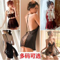 Sexy pajamas womens spring and autumn suspender night dress fun transparent lace thin summer tease ice silk hot temptation show