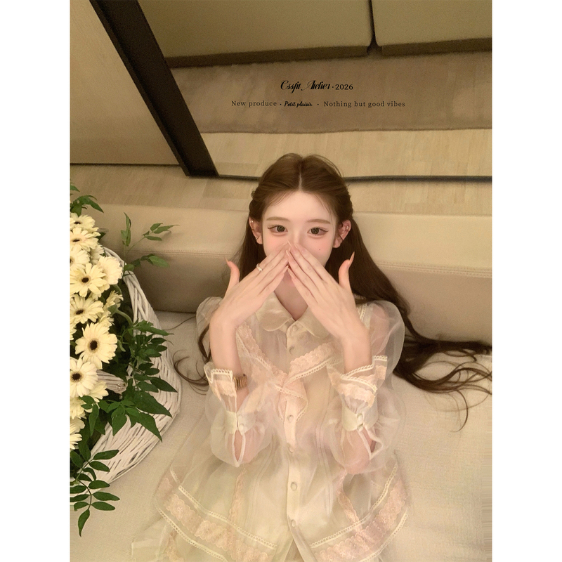Chisanshan 26/Ss White Gauze Portrait Heavy Embroidery Pink Lace Palace-Style Color-Block Shirt Versatile Top Chisanshan 26/Ss White Gauze Portrait Heavy Embroidery Pink Lace Palace-Style Color-Block Shirt Versatile Top