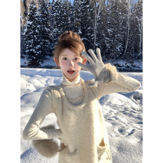 迟伞伞 豆乳盒子 圈圈毛纱羊毛背心短裙蓝衬衫高领打底衫套装女