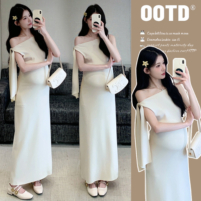 Maternity Wear Set 2026 New Summer Style Fashionable Off-Shoulder Dress for Pregnant Women, High-End Summer Outfit for Expectant Mothers
