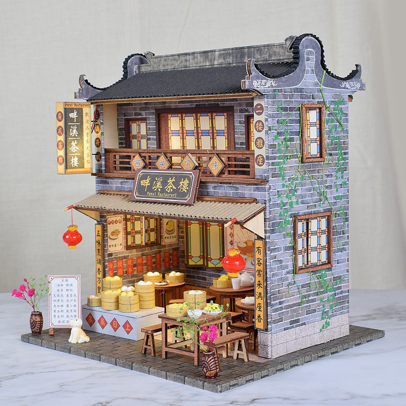 Miniature Scene Model House DIY Small House Assembly Riverside Tea House Boredom-Relief Handmade Gift for Girls