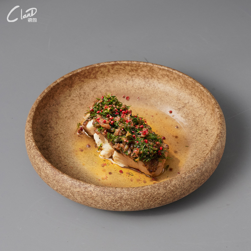 Retro Commercial Creative Round Frosted Brown Bowl, Artistic Dish Bowl, Salad Bowl, Dish Plate, Soup Plate, Cold Dish Plate, Western-Style Tableware