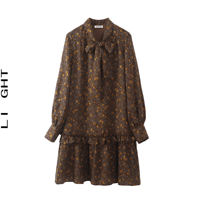 Li Ght 2026 New Vintage Loose Mid-Length Brown Lace-Up Floral Long-Sleeve Dress for Women in Autumn Li Ght 2026 New Vintage Loose Mid-Length Brown Lace-Up Floral Long-Sleeve Dress for Women in Autumn